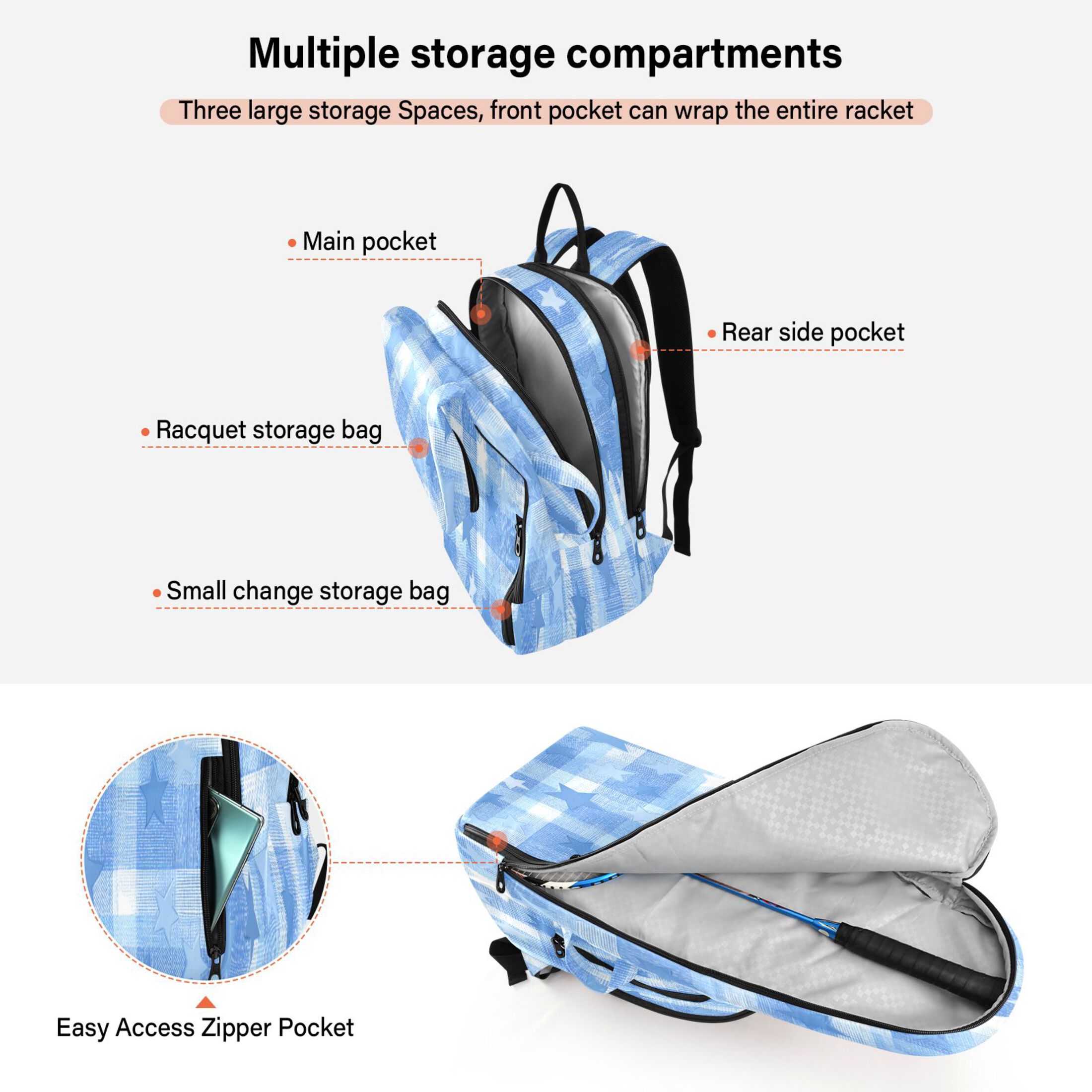 2 Racquet Holder Tennis Backpack Tennis Racket Covers Gym Bags Gentle Blue Stars