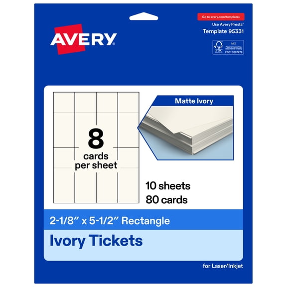Avery 2-1/8" x 5-1/2" Rectangle Tickets, Matte Ivory, 80ct