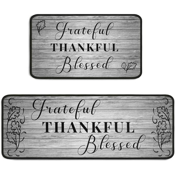 Grateful Thankful Blessed Kitchen Rugs Set of 2 Grey Non-Slip Kitchen Rug and Mat Cushioned Comfort Kitchen Standing Rug for Kitchen Floor Farmhouse Thanksgiving Decor 17"x47" 17"x30"