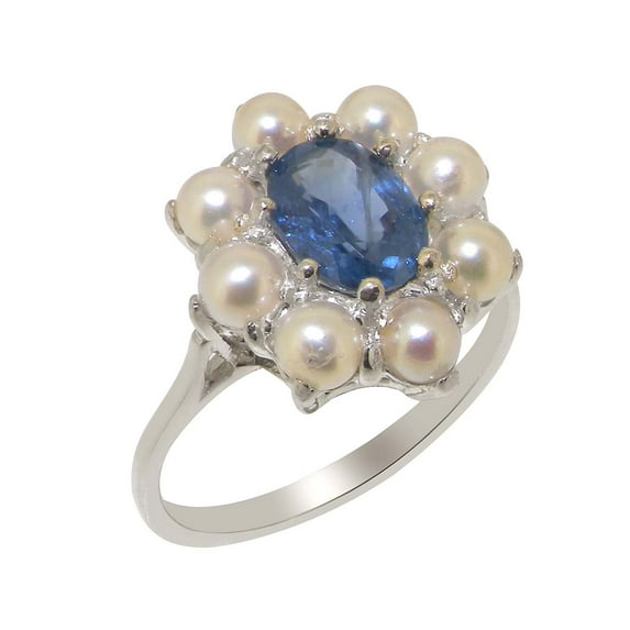 LBG British Made 18k White Gold Natural Sapphire & Cultured Pearl Womens Promise Ring - 33 size options - Size 7.75