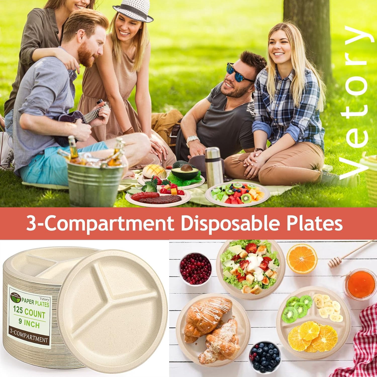 125 Pack 3 Compartment Paper Plates,Compostable Paper Plates,Disposable Paper Plates,9 Inch Heavy Duty Biodegradable Plates for Daily Meals,Food Grade Sugar Cane Fiber