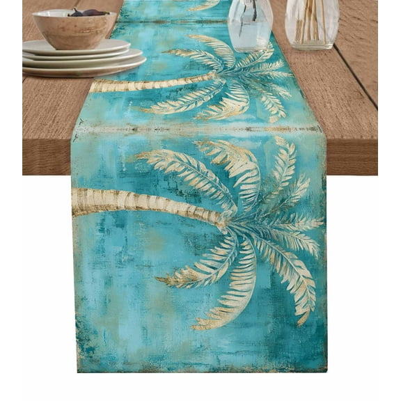 Coastal Beach Tree Green Table Runner 36 Inches, Vintage Tropical Flower Plant Bed Runner Dresser Scarves Tabletop for Indoor Outdoor Parties/Ceremony/Banquet, 13"x 36"