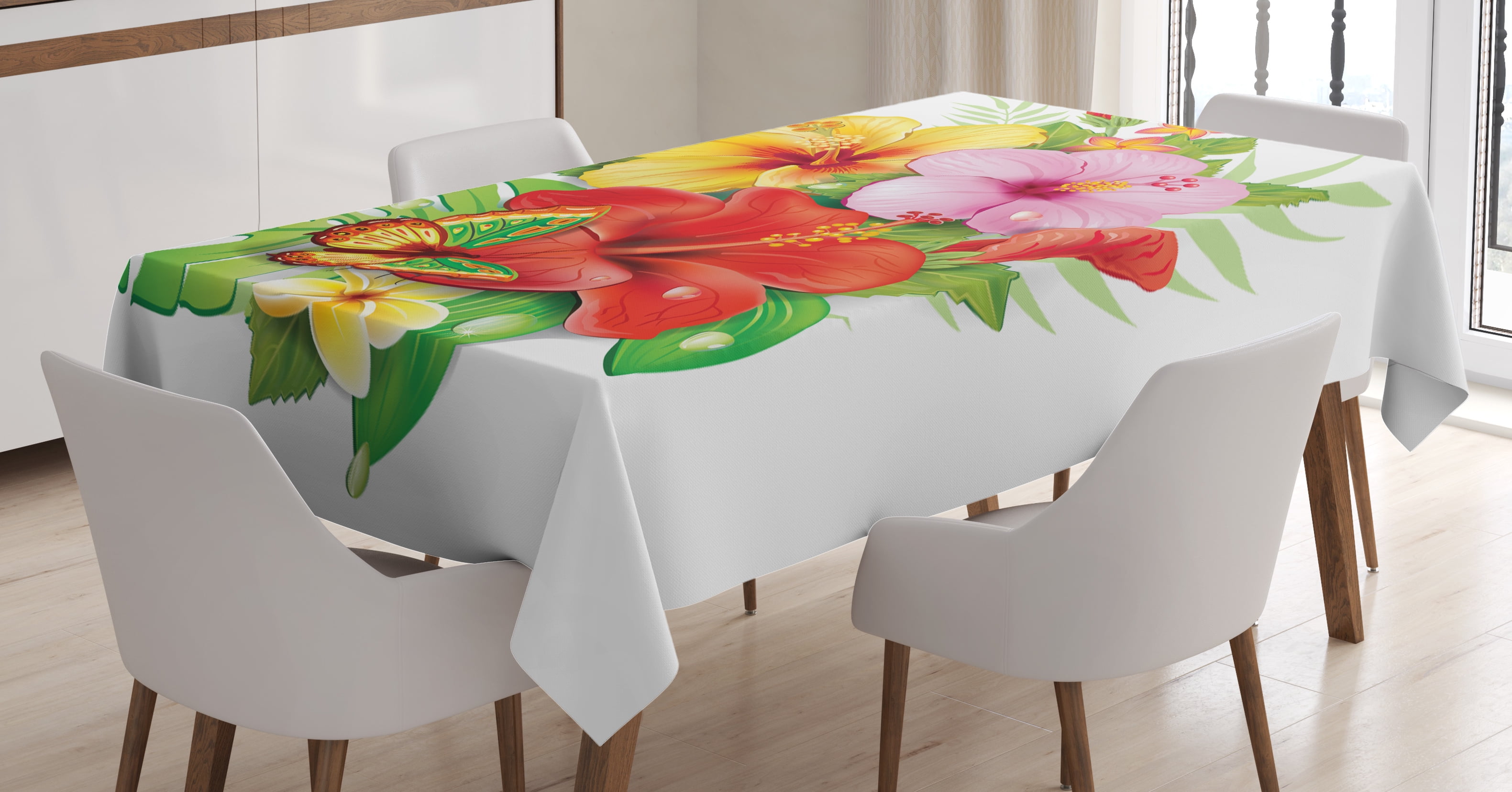Hawaiian Tablecloth, Bouquet of Colorful Hibiscus Flowers with a