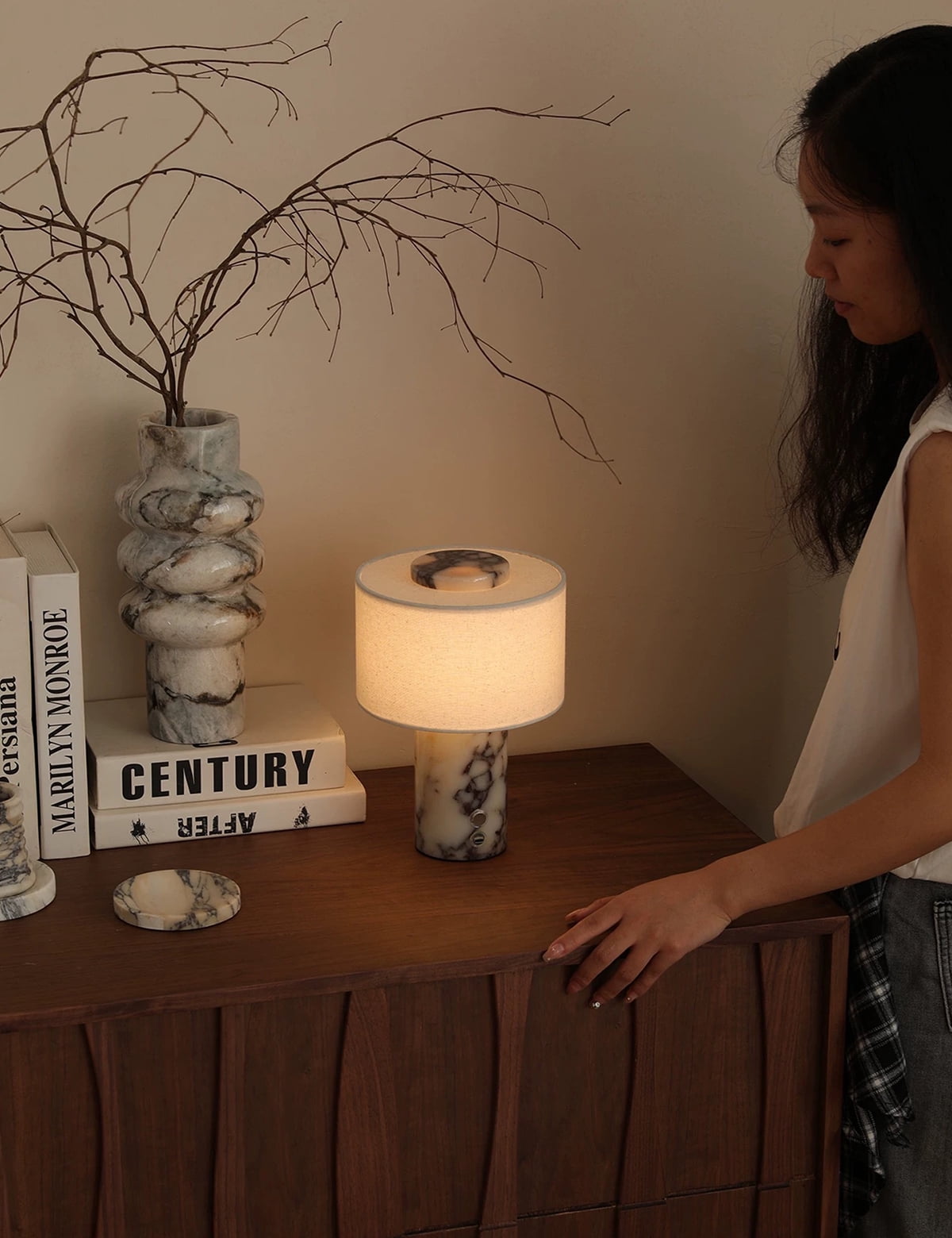 Luxury  Rechargeable Touch Marble Table Lamp, Calacatta Viola Natural  Stone & Cylindrical Linen Lampshade, High-End Night Light for Bedroom Bedside, Living, Console