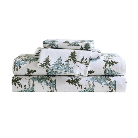 Eddie Bauer - Full Sheets, Cotton Flannel Bedding Set, Brushed For Extra Softness, Cozy Home Decor, Oeko-Tex Certified (Snowy Pine Trees Green, Full)