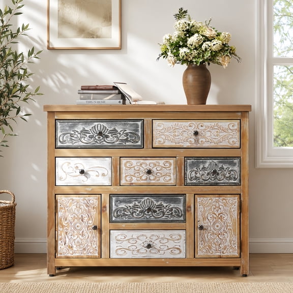 Atumcto 7-Drawer Accent Chest with 2 Cabinets, Vintage Carved Wood Storage Cabinet for Living Room, Bedroom and Entryway, Rustic Multicolor