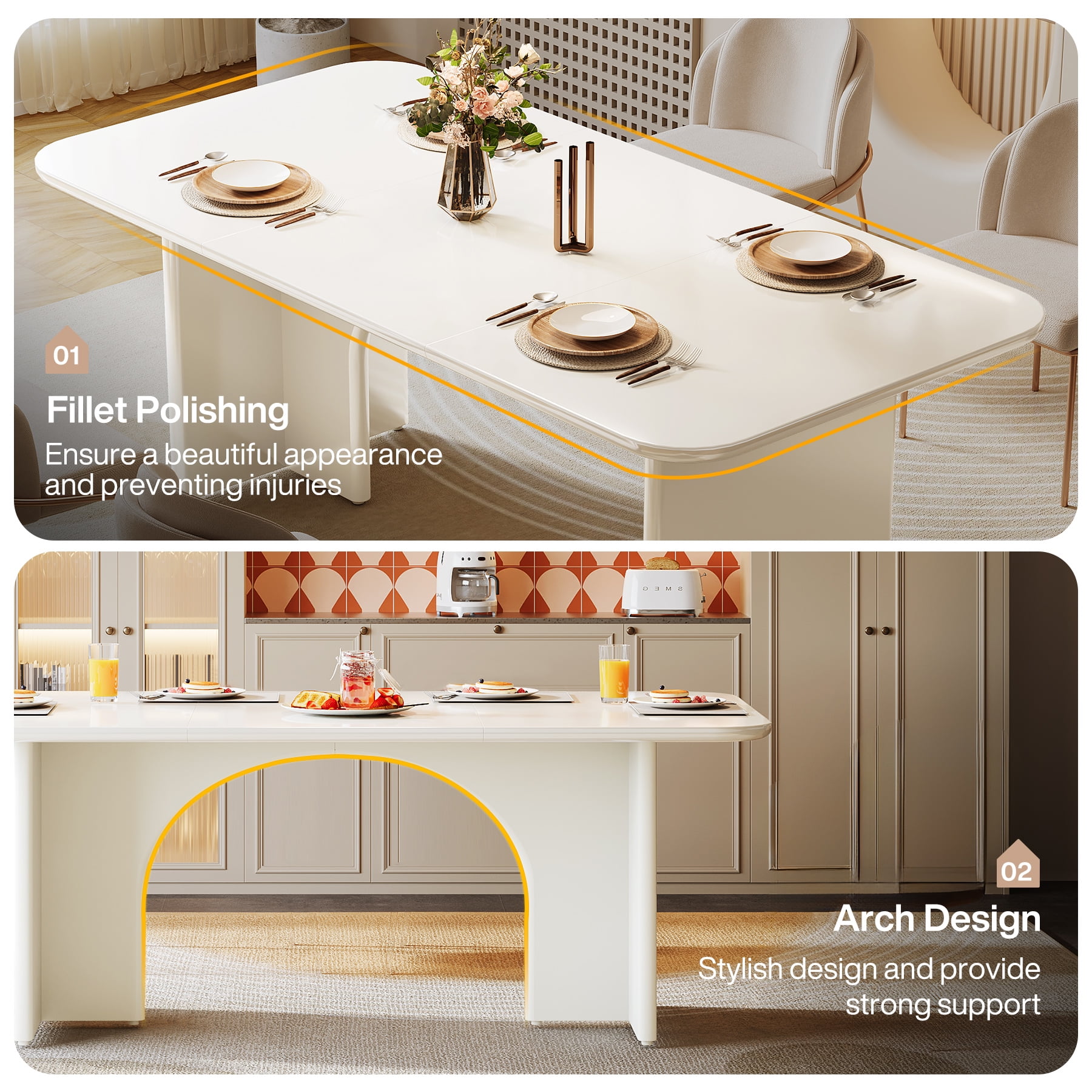 Tribesigns Modern Dining Table for 4-6 People, 63" Large Rectangle Kitchen Table with Arch Design Legs, Cream White Dinner Table Kitchen & Dining Room Furniture