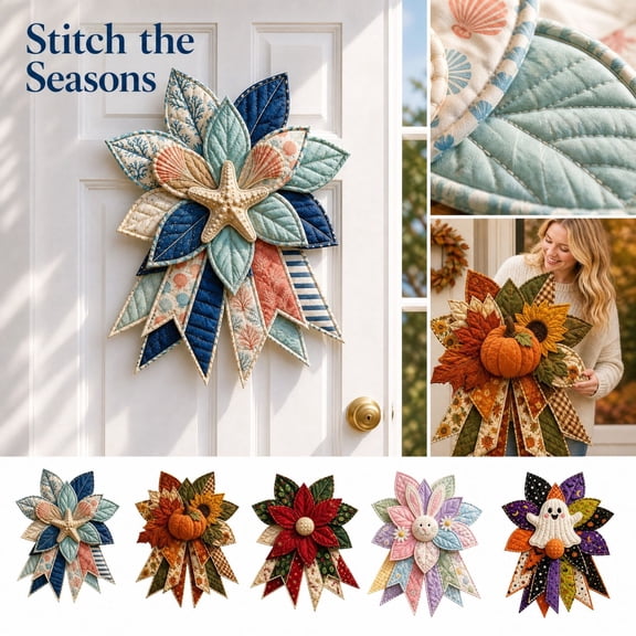 Oversized Seasonal Quilted Door Bow DIY Sewing Kit – Patchwork Fabric Wreath Craft for Thanksgiving Front Door, Easy Beginner Sewing Project with Farmhouse Charm