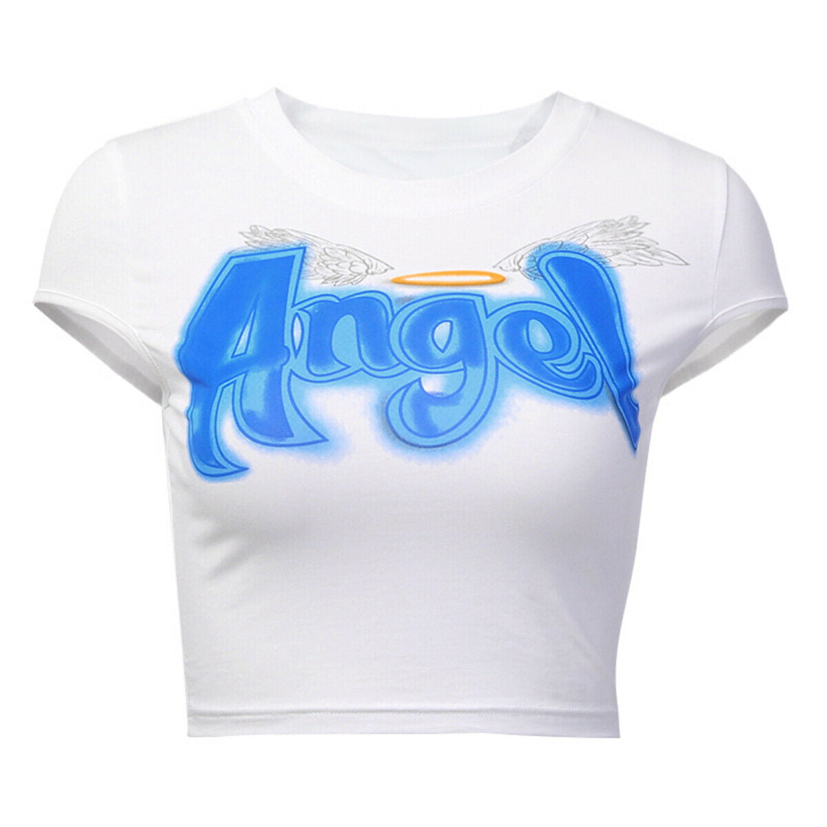 Womens Angel Print Crop Tops Summer Short Sleeve T-Shirt 