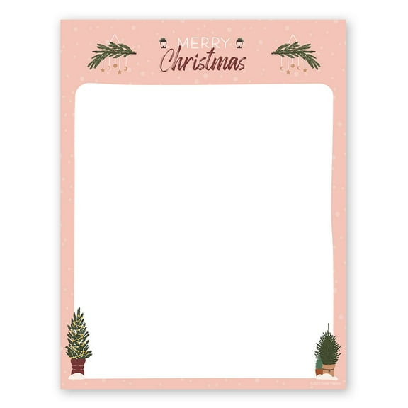 Greenery Merry Christmas Pink Letterhead / 50 Sheets / 8.5" x 11" Festive Tree Holiday Paper / Decorative Modern Winter Stationery Letterhead