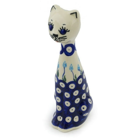 - Polish Pottery 8½-inch Cat Figurine (Floral Peacock Theme) Hand Painted in Boleslawiec, Poland + Certificate of Authenticity