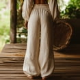 thumbnail image 5 of YueHuiYing Women's Solid Color Cotton Linen Fashion Casual Loose Literary Style Drawstring Elastic Waist Wide Leg Pants With Pockets For Daily Wear, 5 of 6