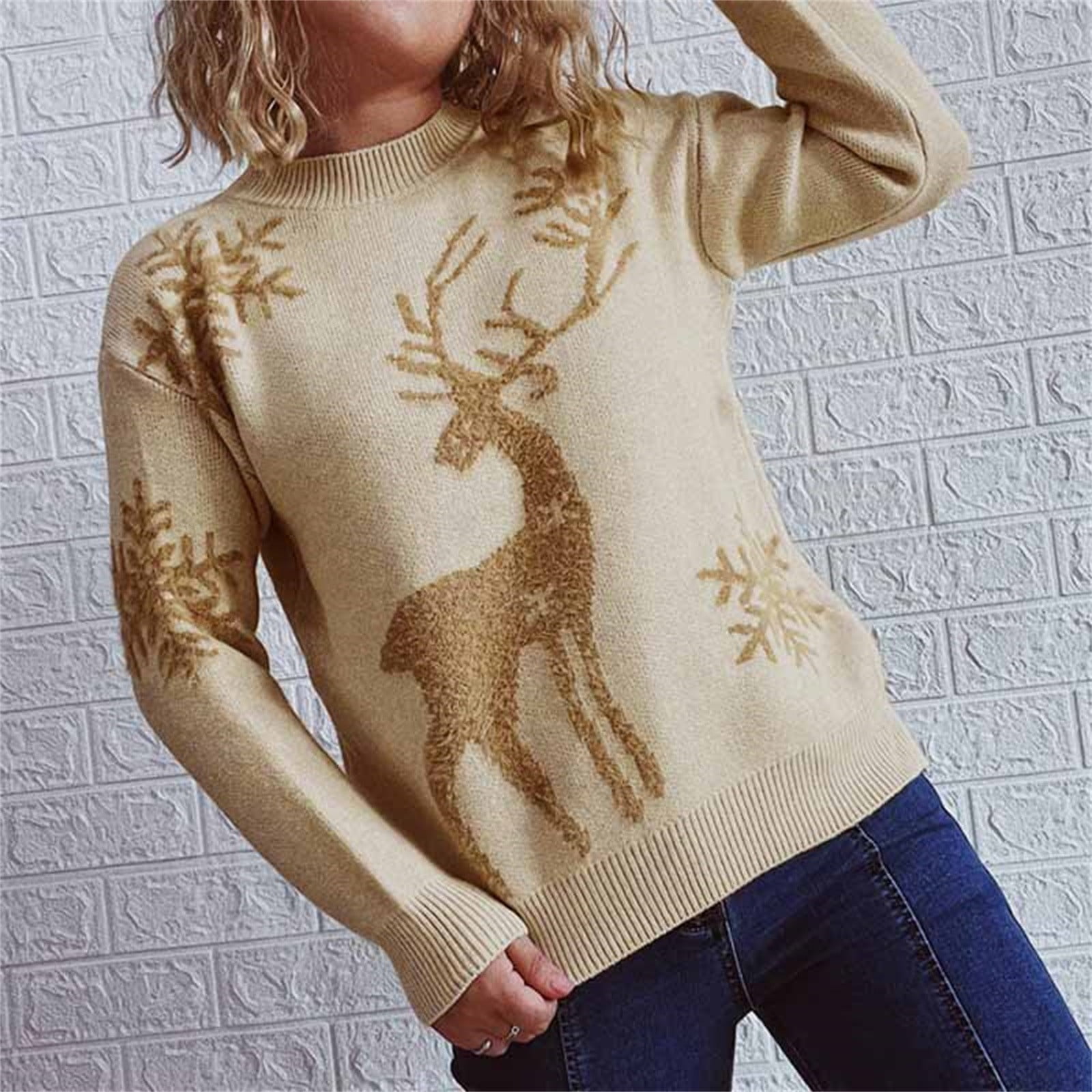 Yilirongyumm Beige S Pullover Sweaters For Women Crew Neck Long Sleeve Christmas  Sweater Snowflake Knit Sweater - Walmart.com