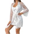 thumbnail image 2 of ylioge Womens 2 Piece Pajama Sets Lightweight Lace Long Sleeve Robes and Silk Satin Spaghetti Strap Nightgowns Trendy Solid Sleepwear Outfits, 2 of 4