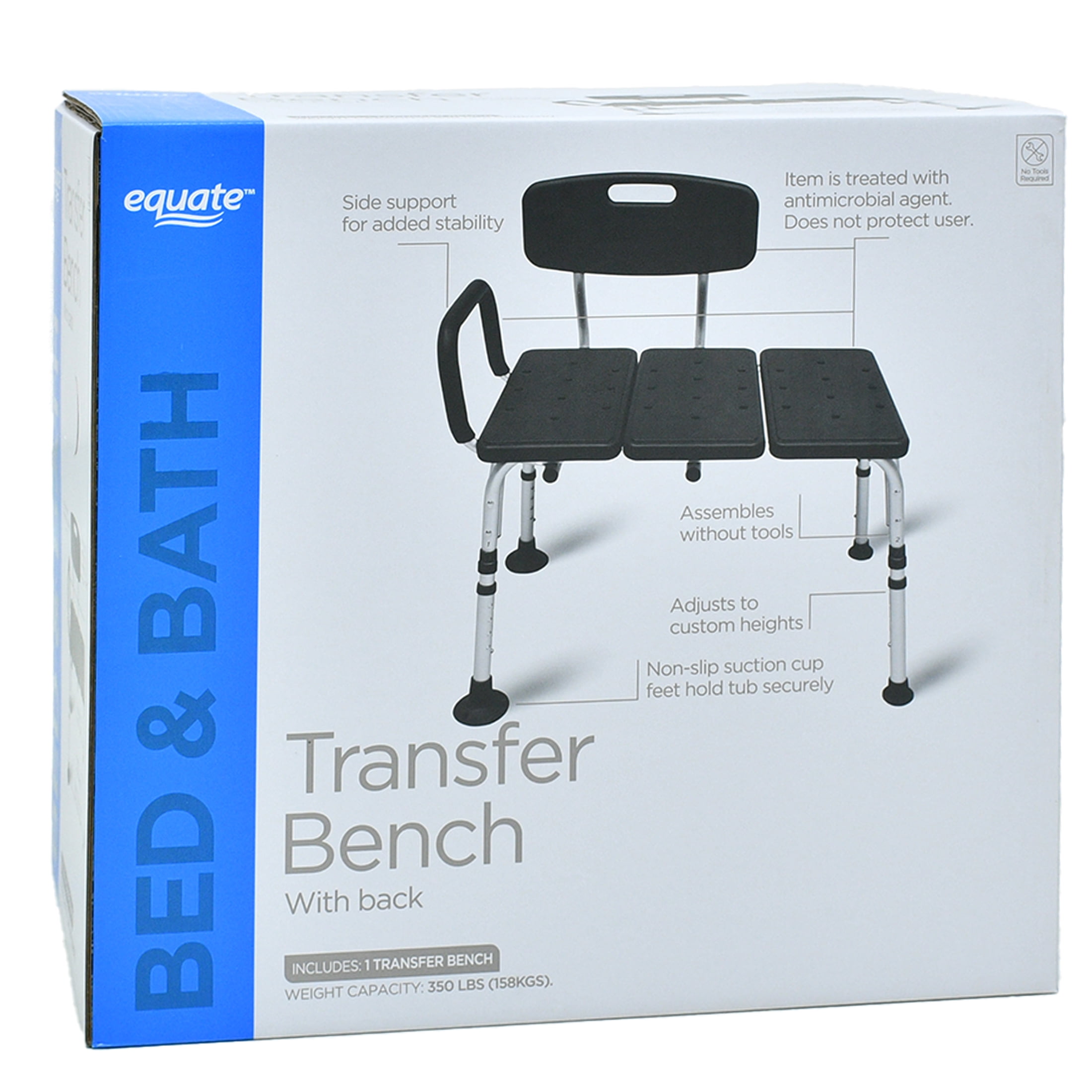 Equate Durable Transfer Bench with Back Rest, Shower Bench, Antimicrobial, Gray