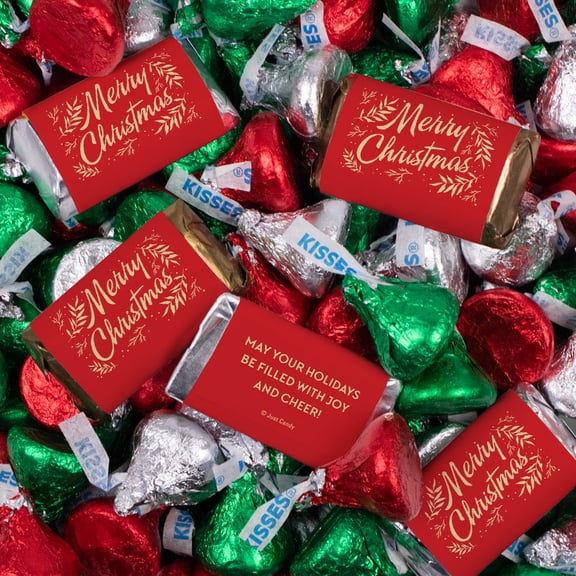 124 Pcs Holiday Party Chocolate Candy Mix Assorted Miniatures & Red, Green And Silver Kisses - Merry Christmas (1.52lb)