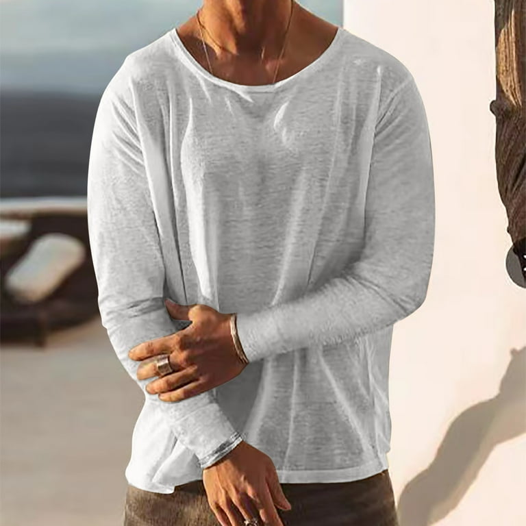 Mens Long Sleeve Linen Shirts Casual Regular-Fit Crew Neck T-Shirt