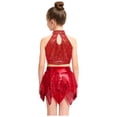 thumbnail image 2 of Eandarui Kids Girls Sequins Metallic Ballet Jazz Hip Hop Dance Outfits Halter Crop Top with Asymmetric Tutu Skirt Set Red 8, 2 of 7