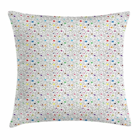 Hand Colored Floral Art - Floral Throw Pillow Cushion Cover, Black and White Leaves with Lively Colored Little Blossoms Artful Hand Drawn Style, Decorative Square Accent Pillow Case, 18 X 18 Inches, Multicolor, by Ambesonne