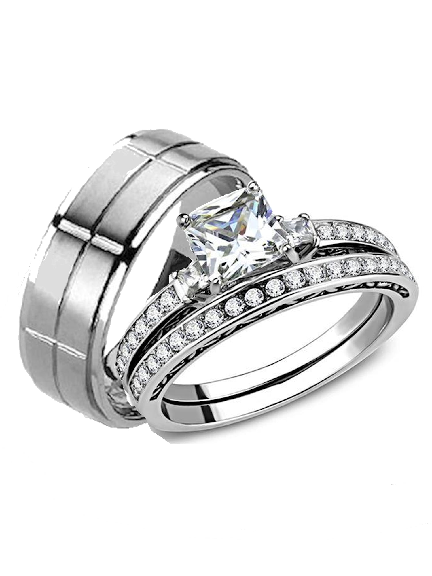 3 Three-Stone Engagement Ring Match Wedding Band CZ Set His Hers Stainless Steel 