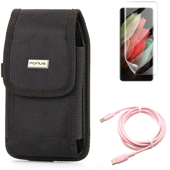Pink 10ft Long Cable & Matte Screen Protector & Case Belt Clip for Samsung Galaxy S21 Ultra Phone - USB-C to Type-C PD Fast Charger & TPU Film Anti-Glare & Rugged Holster Accessory Bundle