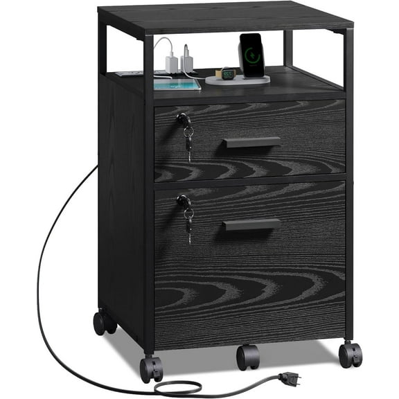 GALAXHERO 2-Drawer Filing Cabinet with Lock and Charging Station, Wood File Cabinet for Letter/A4 Size, Mobile Printer Stand with Open Storage Shelf for Home Office, Black