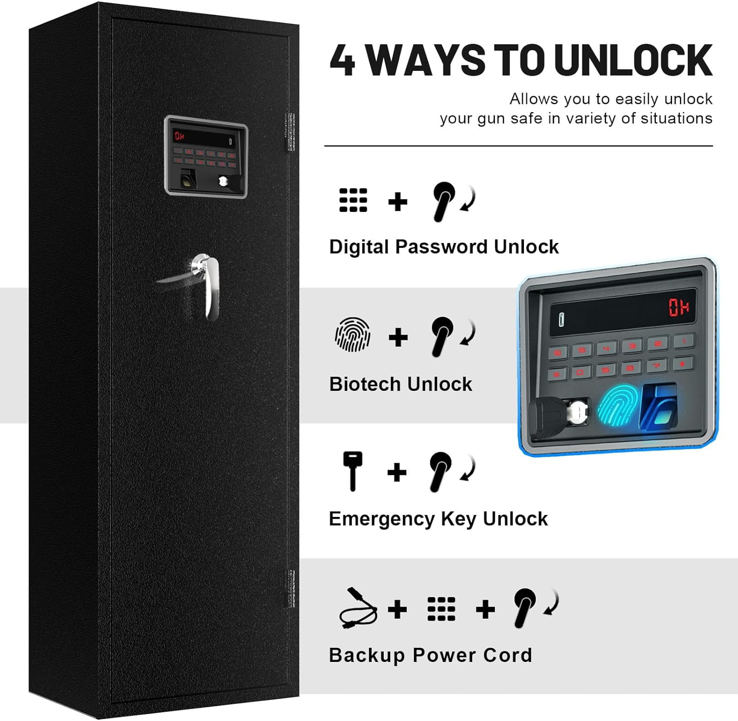 EMAXEE 7-8 Biometric Gun Safe , Large Gun Safes for Home  and Pistols with Upgraded Control Panel and LED Light, Quick Access Fingerprint Gun Cabinet with Removable Shelf and Gun Racks…