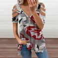 thumbnail image 2 of Flower Red Grey Texture Womens Summer V Neck Zipper Top Short Sleeve T Shirt Off Shoulder Top Casual Classy Loose Shirts, 2 of 7