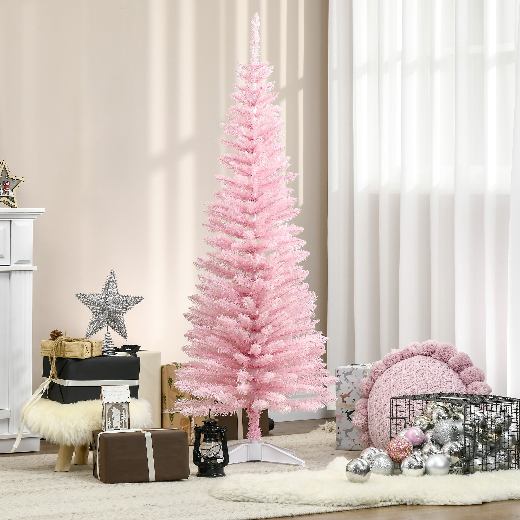 5ft Unlit Pencil Christmas Tree 294 Tips Easy Assembly Plastic Base Small Space Holiday Decor