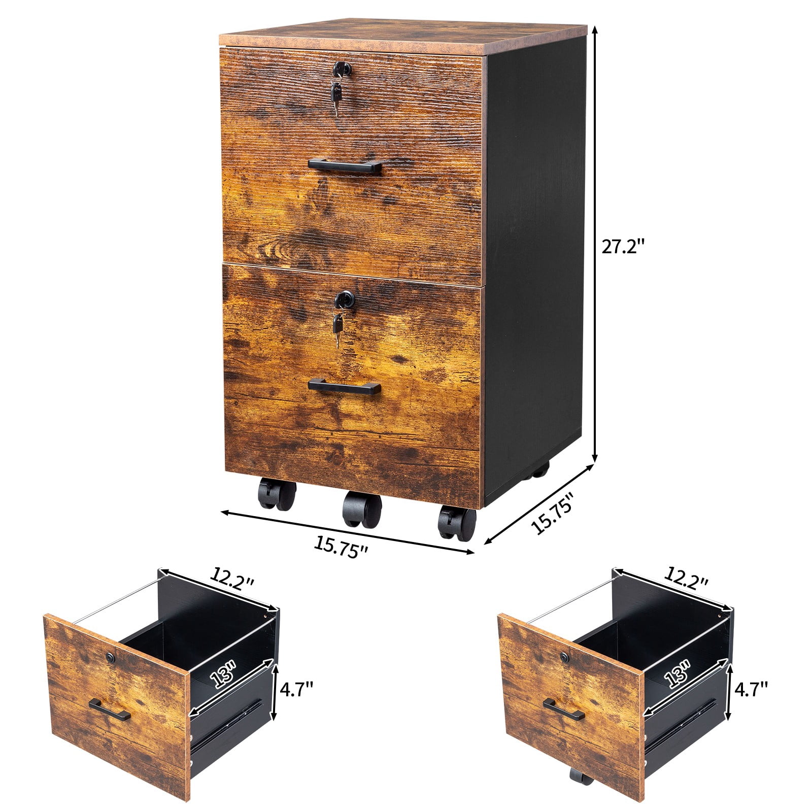 ZYPPP 2-Drawer Small Rolling File Cabinet with Lock  for Home Office Mobile Rustic