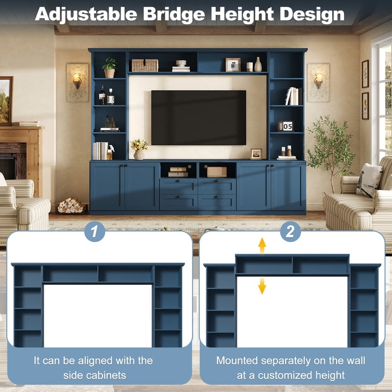 Farmhouse Entertainment Center Wall Unit with Drawers & Adjustable Shelves, TV Stand Media Console with Bridge for TVs Up to 70"