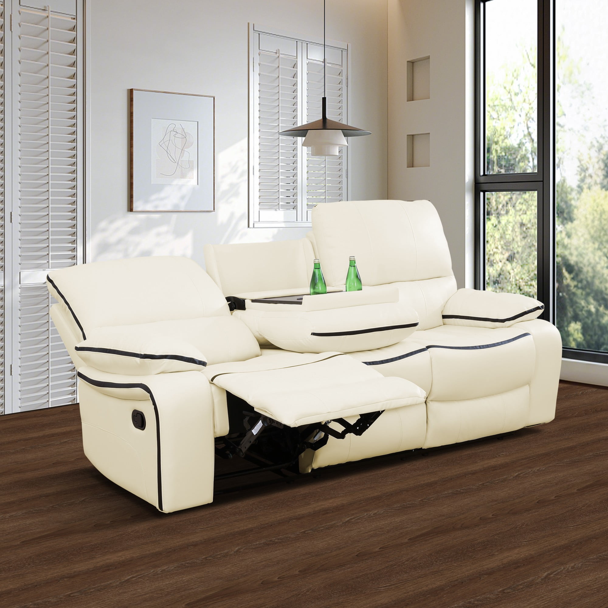 Gewnee 3-Seat Smart Sofa, Air Leather & Solid Wood Frame, Flip-Up Center Seat with Cup Holder, Adjustable Recline for Living Room, Off-white