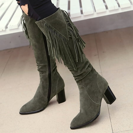 

Wirdiell Boots for Women Ladies Shoes Retro Solid Color Ethnic Style Suede Fringed Female High Boots Women Boots Green 35