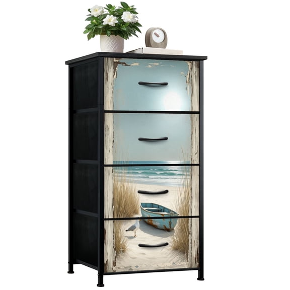Dresser for Bedroom with 4 Storage Drawers Beach Nautical Boat Ocean Seagull Sea Bird Seashore Dressers Chest of Drawers Steel Framed Fabric Closet Organizers for Dorm Entryway