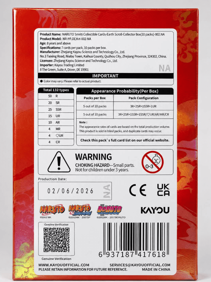 KAYOU Naruto Smriti Earth Scroll Series 2 Collector Box, Factory Sealed, English Edition, 10 Packs / 70 Trading Cards