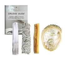 Mini Smudge Kit | Includes White Sage Bundle Selenite Wand Palo Santo 3-4" Abalone Shell | Smudging Kit for Beginner