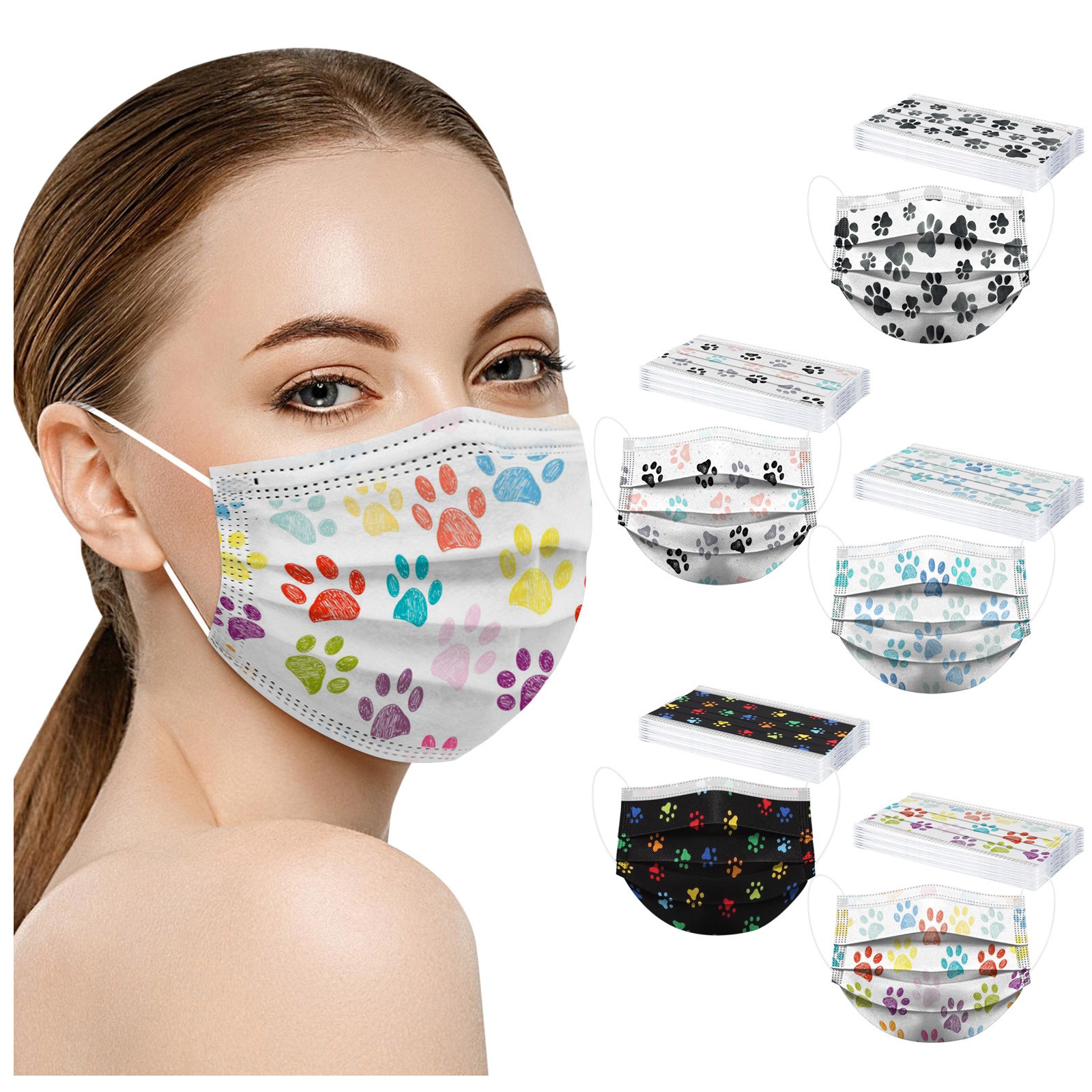 50Pcs Cute Prints Disposable Masks with Paw Designs for Women ...