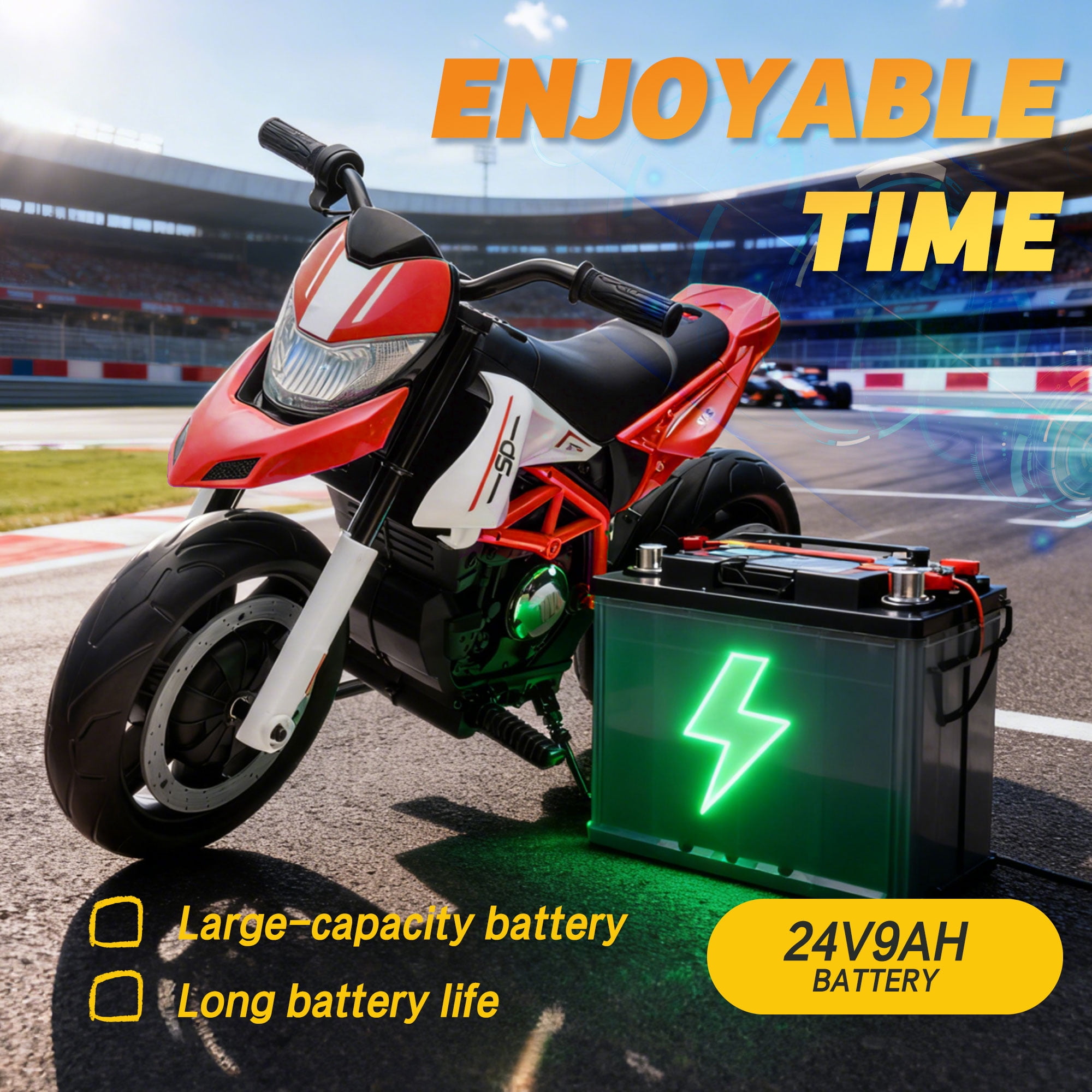 Xuanlur 24V 9AH Electric Motorbike, 9 mph & 110lb Max, 200W Ride on Motorcycle for Big Kids w/EVA Tires, LED Lights & Power Display, 2 Speed, Bluetooth, Music, Electric Motorcycle for Ages 6+, Red