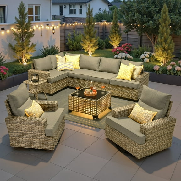 Ovios 9 Pieces Outdoor Patio Furniture with Swivel Chairs High-Back All-Weather Rattan Wicker Conversation Set Outdoor Sectional with Solar Light Coffee Table
