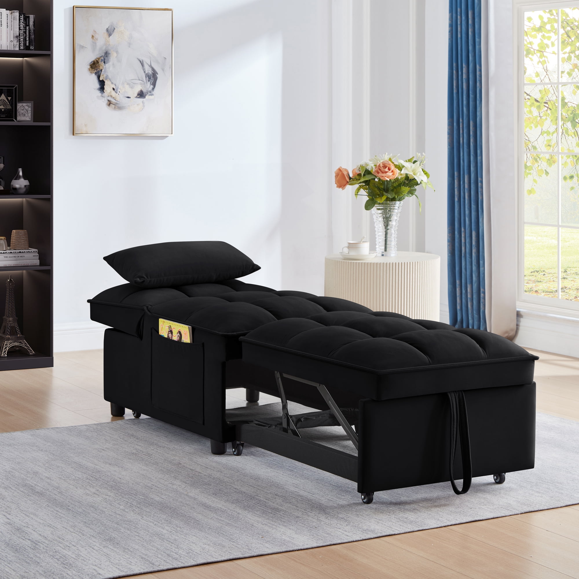 Miniyam 4 in 1 Tufted Single Sofa Bed with Storage Pockets, Convertible Chaise Lounge, Black