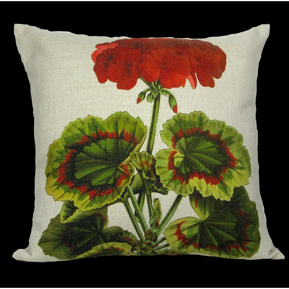 18" Red and Green Square Geranium Throw Pillow Cover