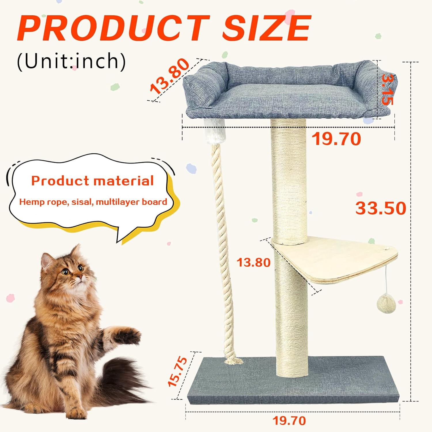 Tall Cat Tree Tower for Large Indoor Cats, 35" Sisal Scratching Post with Plush Perch, Hammock, and Spacious Bed, Stable Cat Climber in Gray