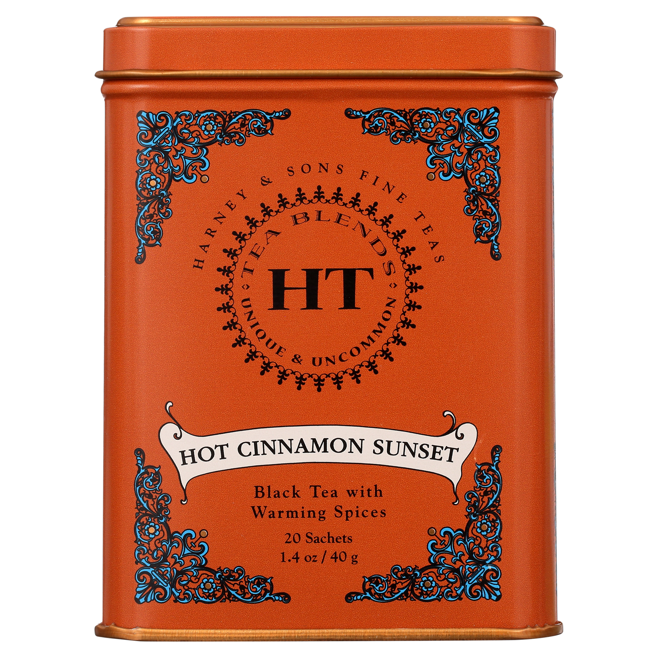 Harney & Sons Hot Cinnamon Sunset Tea, 20 Pyramid Teabags (Sachets), Caffeinated, Spiced Cinnamon Clove Orange Flavored Black Tea, No Sugar Added, Tin