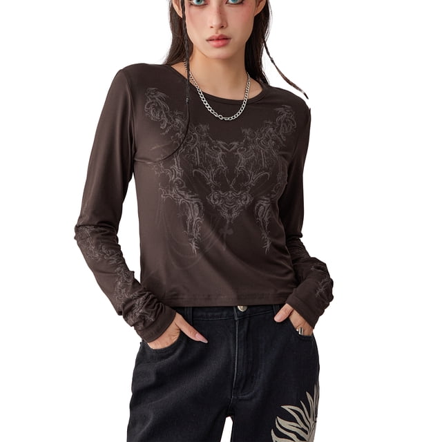 SUNSIOM T-Shirt Décontracté pour Femmes, Col Rond Manches Longues Motif Totem Vintage Haut de Base Tee Extérieur