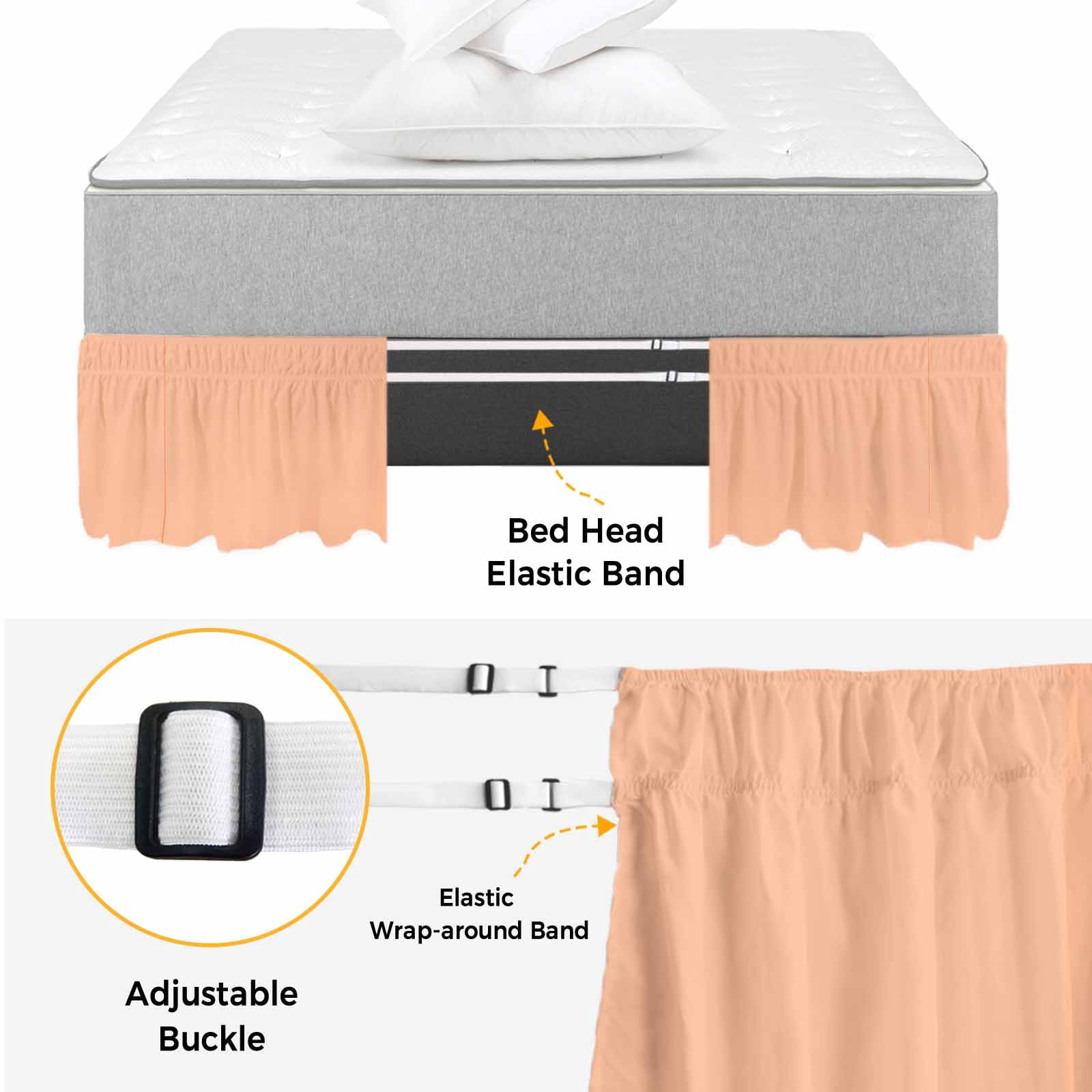 Bed Skirt Peach Fuzz Adjustable Elastic Wrap-Around Dust Ruffle with Coral 16 Inch Drop, Bed Frame Cover for Queen Size Bed