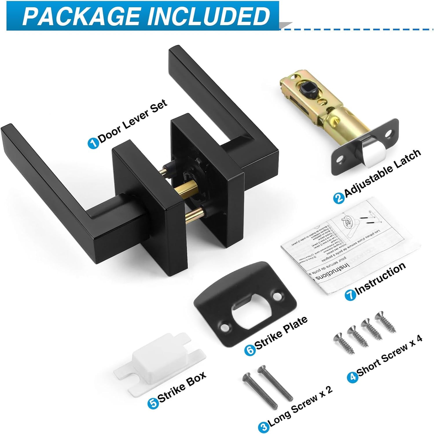 2 Pack Matte Black Door Handles, Passage Door Levers for Hallway & Closet, Interior Keyless Door Knobs Heavy Duty Square Non-Locking Handlesets(2.0lb), Reversible for Left & Right Sided Doors