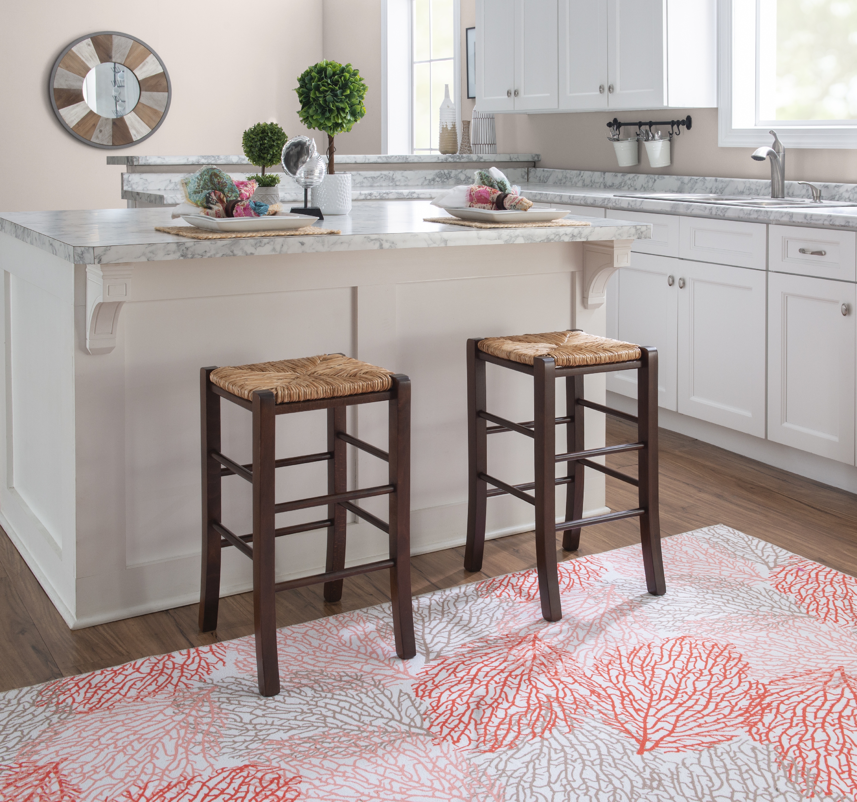 Linon Ivica 24.4" Backless Counter Stools, Set of 2, Dark Walnut with Handwoven Rush Seat