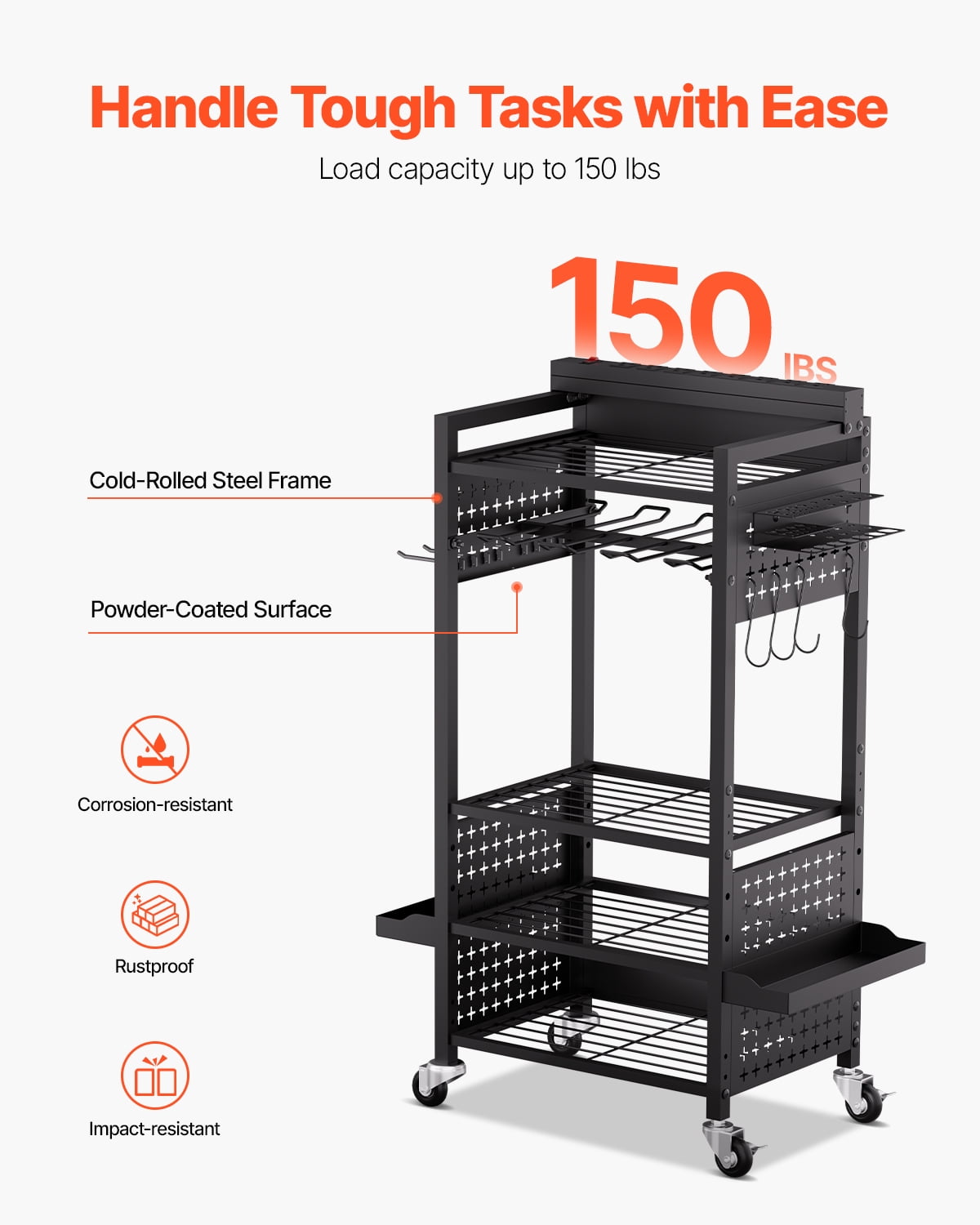 VEVOR 5-tier Tool Organizer Cart with Charging Station, 8 AC Outlet, Floor Stand Rolling Drill Holder and Tool Battery Storage Rack on Wheels, Garage Floor Rolling Storage Cart for Workshop, Garage