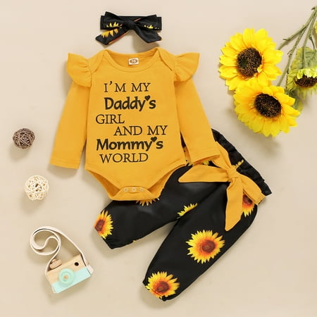 

GRNSHTS Newborn Infant Baby Girls Letter Long Sleeve Romper Bodysuit +Sunflower Pants +Headband 3Pcs Fall Clothes Yellow 6-12 Months