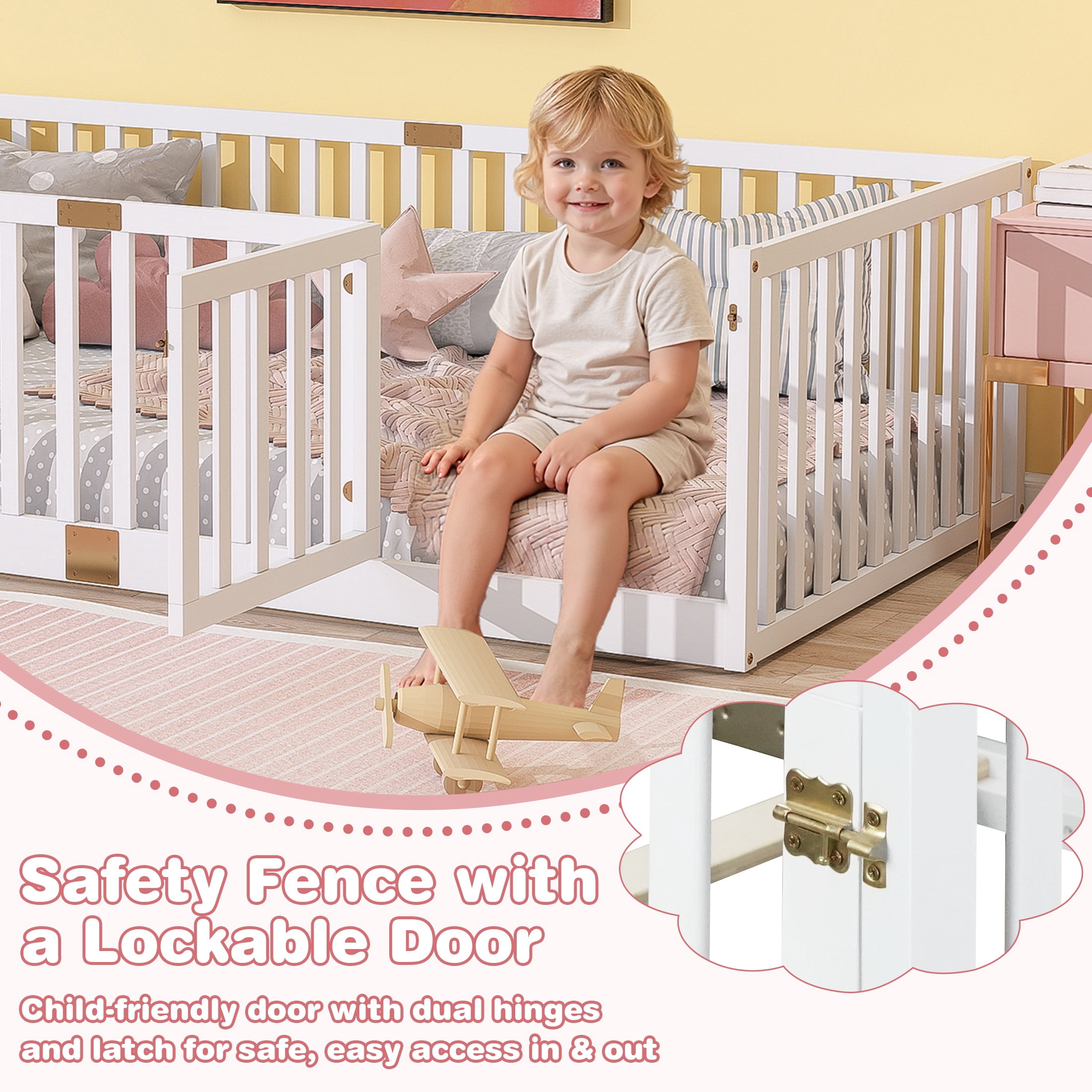Sesslife Twin Size Floor Bed with High Fence & Door, Wood Twin Bed Frame with Salts and 21.5” Safety Guardrails, Twin Floor Bed for Boys Girls, No Box Spring Needed, White